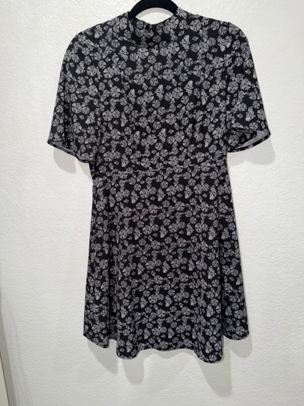 H&M Black Dress with White Floral Print, A-Line with Zipper Closure